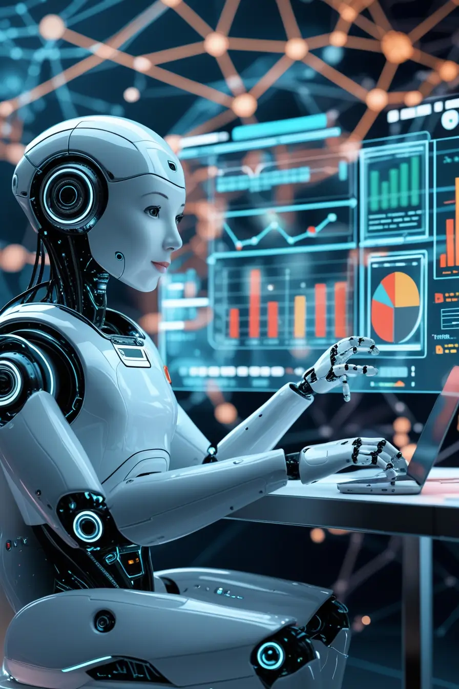 AI robot analyzing SEO data on holographic screens to achieve SEO success in competitive markets