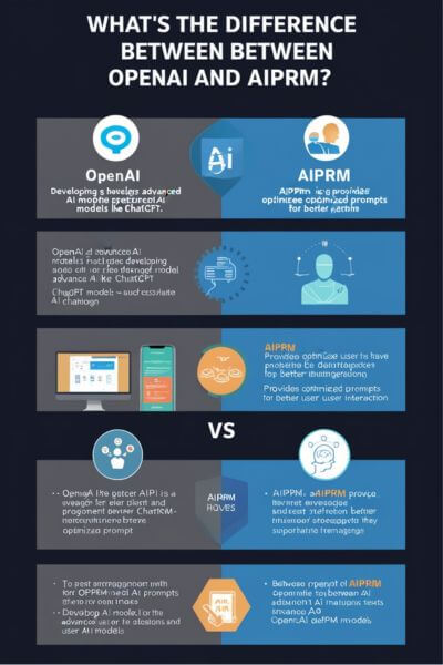 Infographic comparing OpenAI's AI models, such as ChatGPT, with AIPRM's prompt management tool, highlighting their functions and benefits.