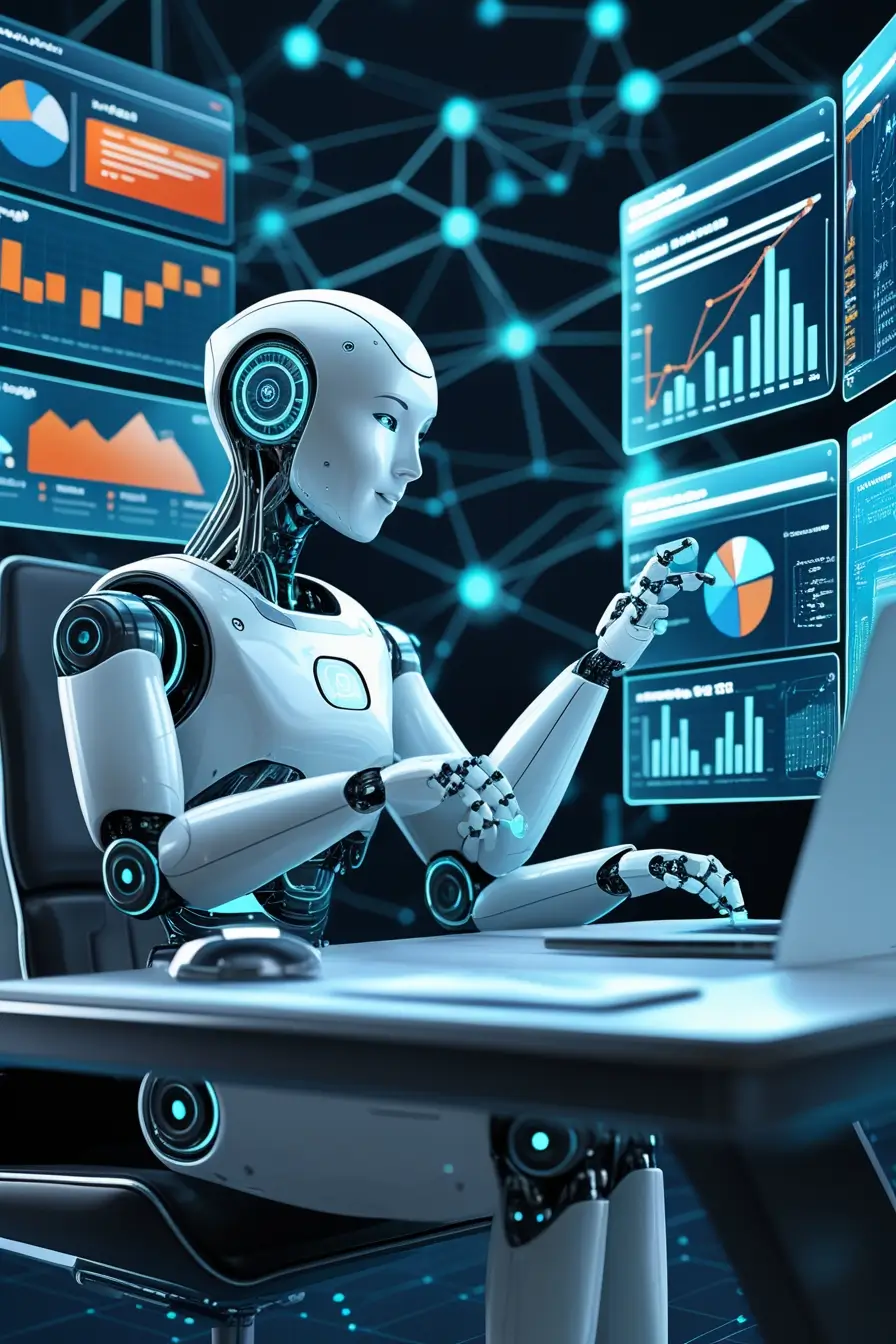 Futuristic AI robot optimizing SEO strategies with holographic analytics for SEO success