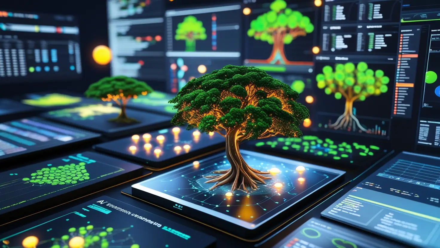 A futuristic image showcasing AI tools for tree map visualization, highlighting diverse design styles, interactive interfaces, and various data applications in business, research, marketing, and environmental conservation.tree map ai tool