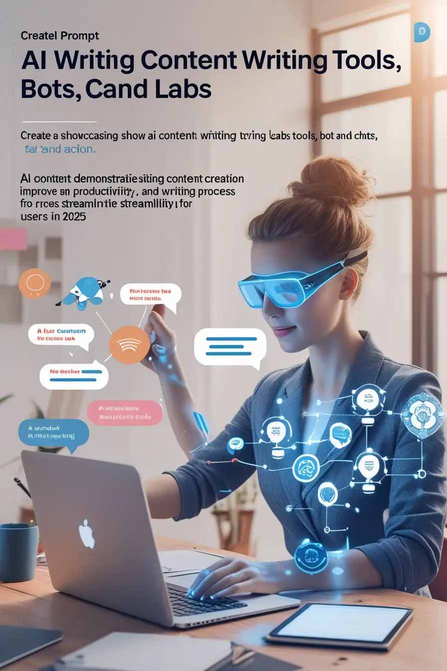 A visually rich representation of AI content writing tools, bots, chats, and labs in action, demonstrating their role in enhancing productivity, improving content quality, and streamlining the content creation process in 2025.