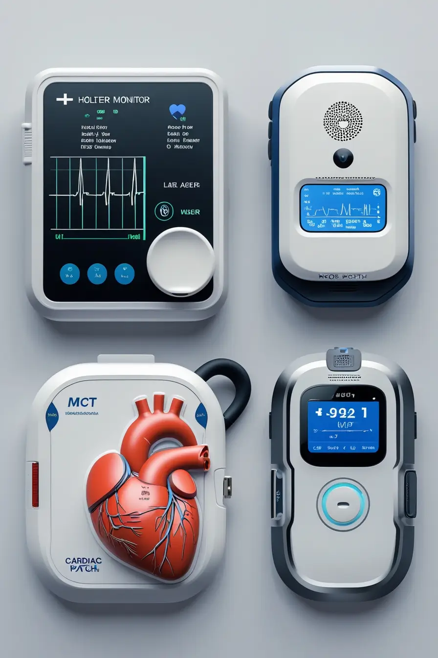 Image featuring four heart monitoring devices: Holter monitor, event recorder, MCT device, and cardiac patch, displayed on a clean medical background/AccurKardia