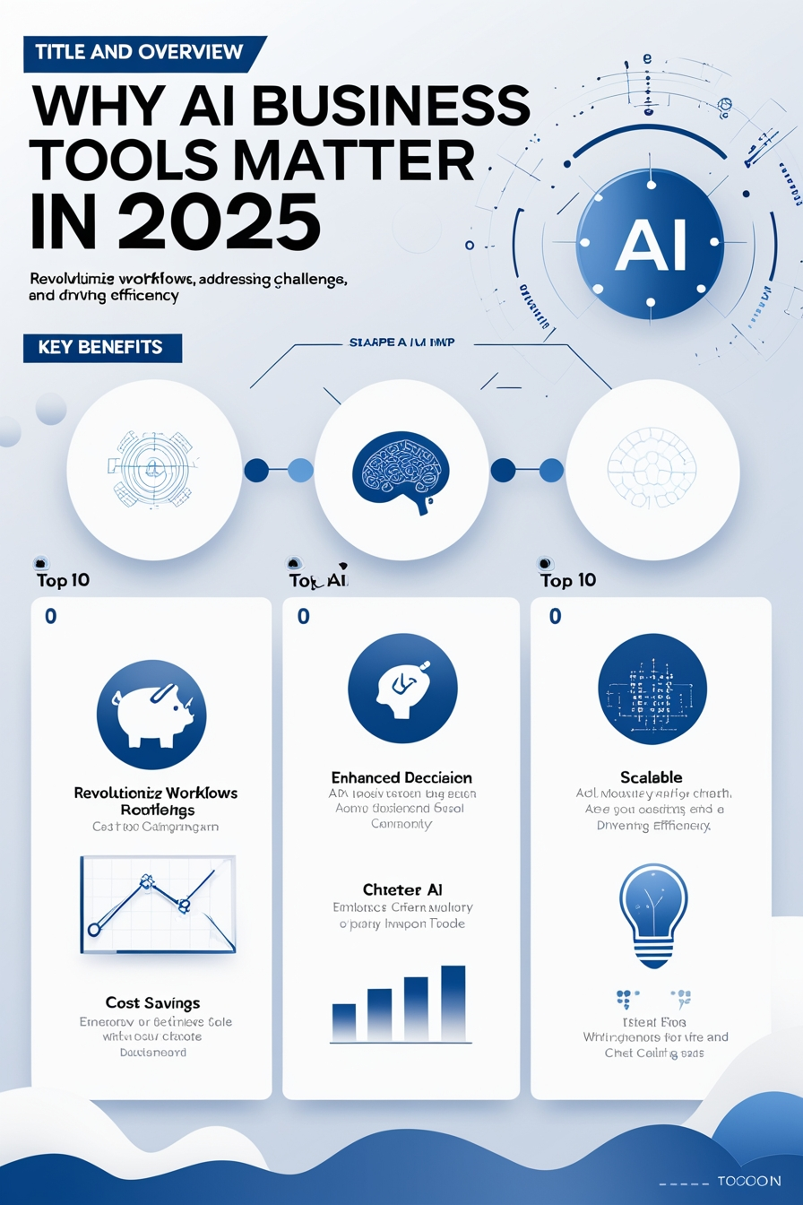 This infographic emphasizes how AI business tools are driving advancements across industries in 2025. Each section is thoughtfully designed to convey automation benefits, data intelligence, and customer-focused innovation. The use of clean lines and professional colors ensures clarity and sophistication