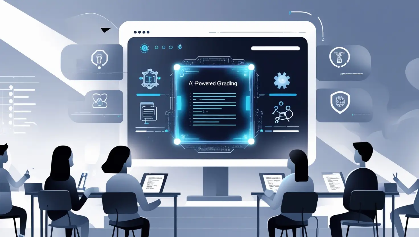 A futuristic classroom featuring an AI grading tool as a holographic display, showcasing automated grading, feedback, and analytics in a clean and innovative setting