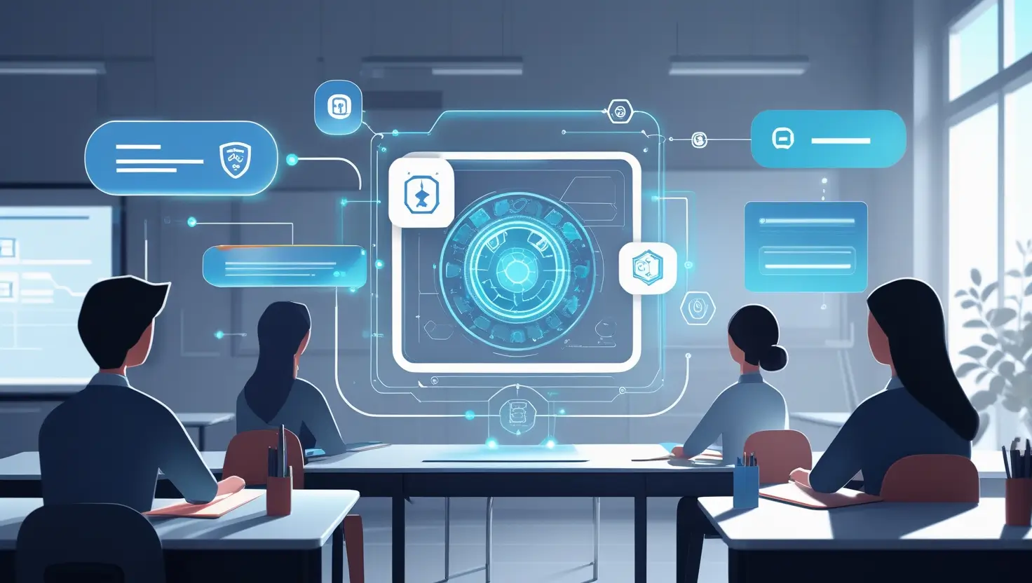 A modern depiction of an AI grading tool in a tech-savvy classroom, highlighting the integration of automated performance metrics and student feedback.