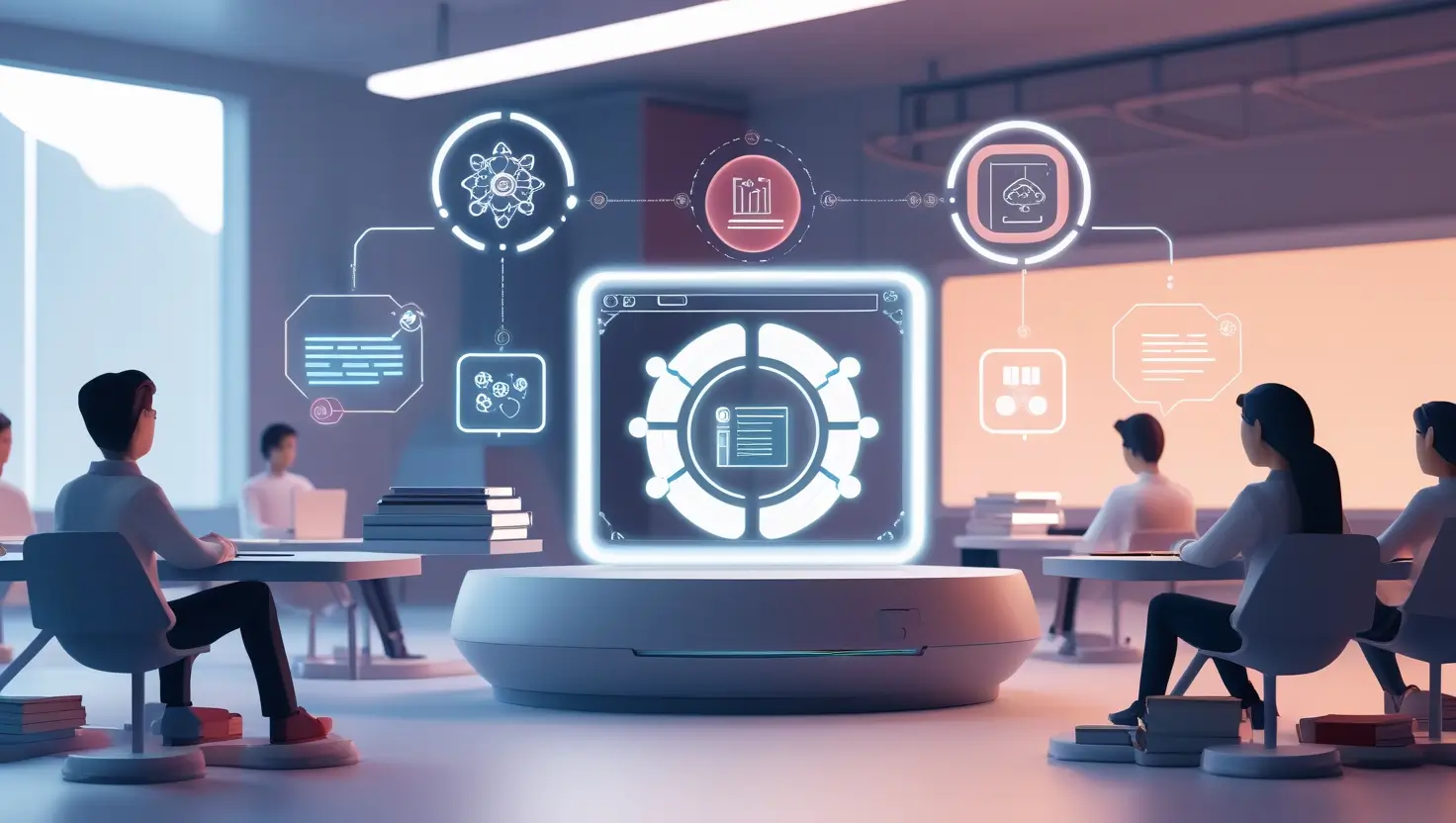 An innovative AI grading tool displayed as a glowing interface in a digital classroom, enhancing education with automation and analytics