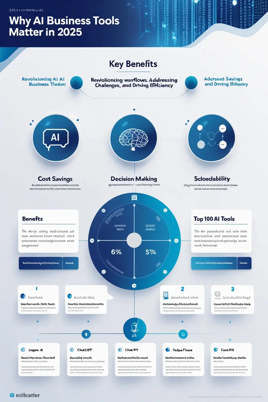 This image presents a modern infographic that focuses on the significance of AI business tools in 2025. Key areas like automation, customer engagement, and data analysis are visually represented, demonstrating how AI drives innovation and growth. The professional blue-gray palette ensures a clean, trustworthy look for tech-savvy audiences