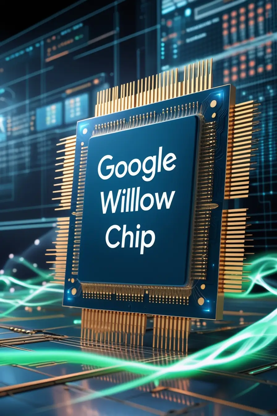 Google,s Willow Chip glowing neon blue, surrounded by golden circuits and energy waves in a futuristic high-tech setting