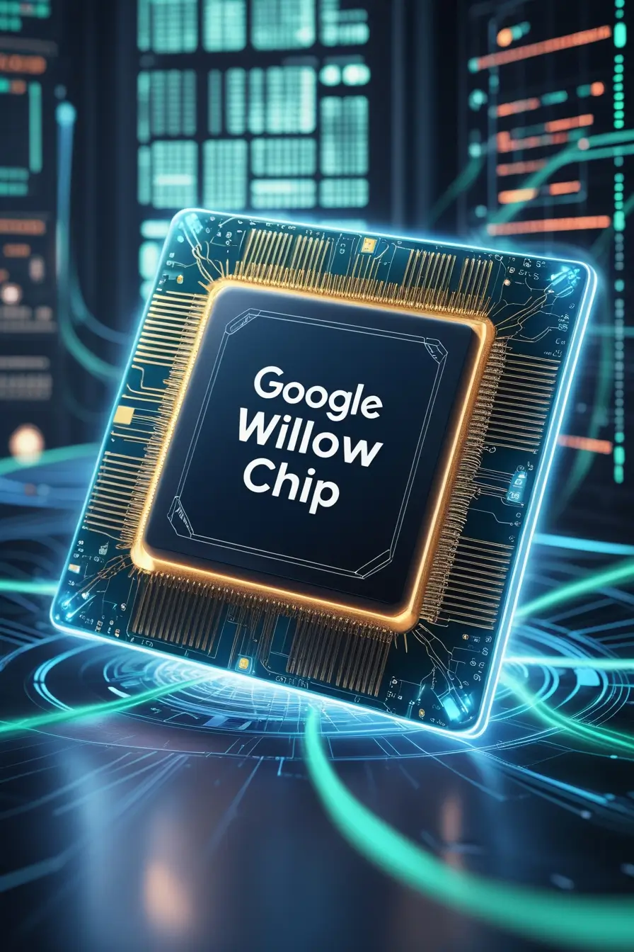 Futuristic Google,s Willow Chip with neon-blue glow, golden circuits, and energy-efficient design in a high-tech digital grid