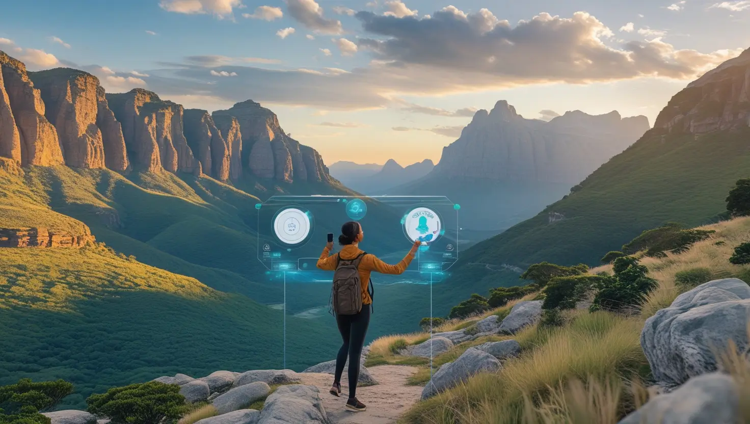 A traveler exploring a scenic landscape in 2025, utilizing AI-powered tools to enhance their journey. They capture stunning visuals, plan seamless itineraries, and experience a tech-driven, immersive travel experience surrounded by nature's beauty