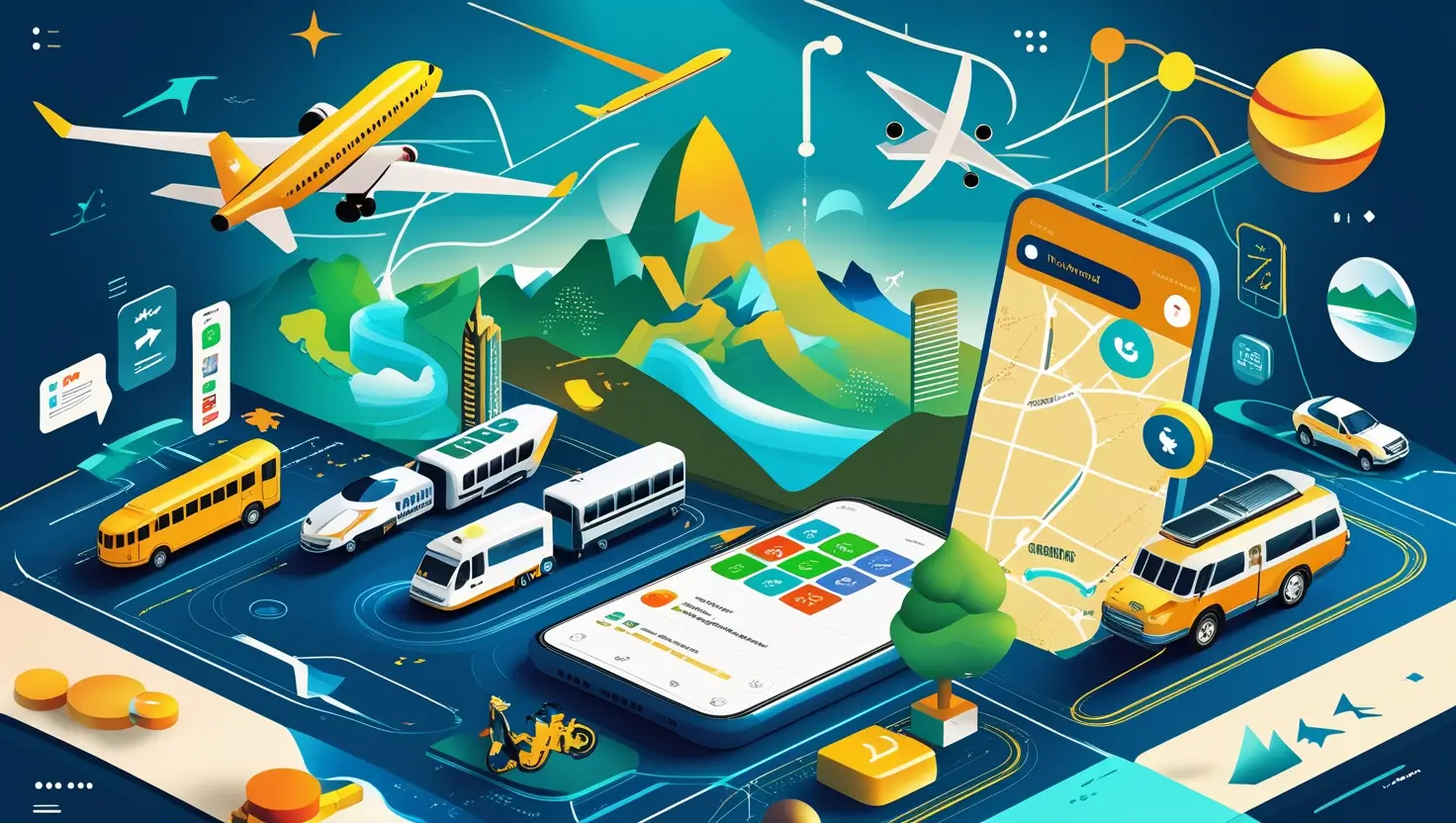 Digital illustration featuring AI travel tools with airplanes, maps, and futuristic glowing icons, symbolizing innovative travel planning