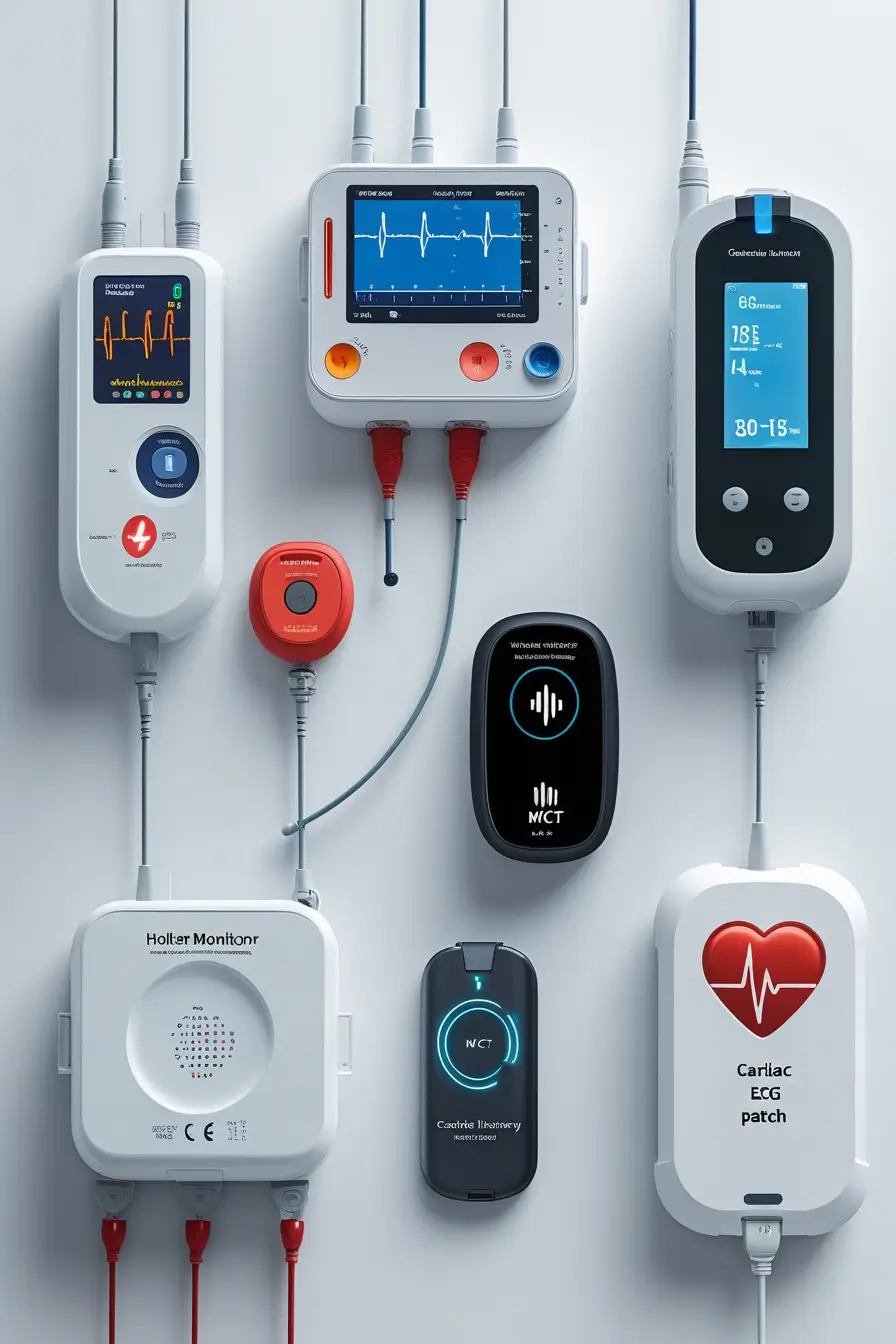 Four essential cardiac monitoring devices, including a Holter monitor, event recorder, MCT device, and cardiac patch, arranged on a white clinical background/AccurKardia