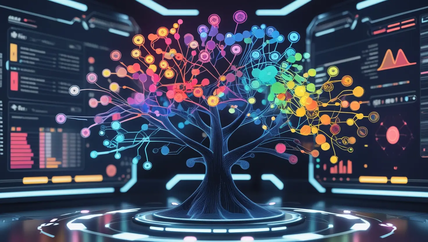 Futuristic tree map design powered by AI tools, showcasing advanced data visualization techniques in 2025