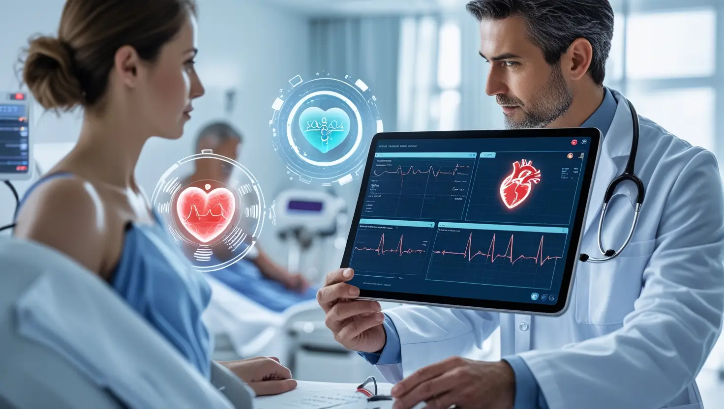 AccurKardia's AI-powered ECG tool displaying advanced heart health analysis on a digital screen with futuristic AI technology visuals/AccurKardia’s AI-Powered ECG Tool