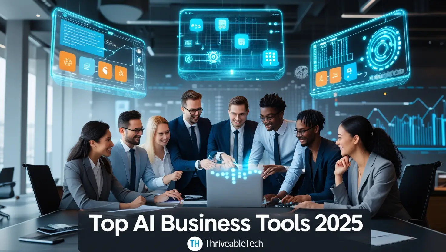 Professionals collaborating in a high-tech office using AI business tools for data analytics, content creation, and project management, with futuristic holographic displays