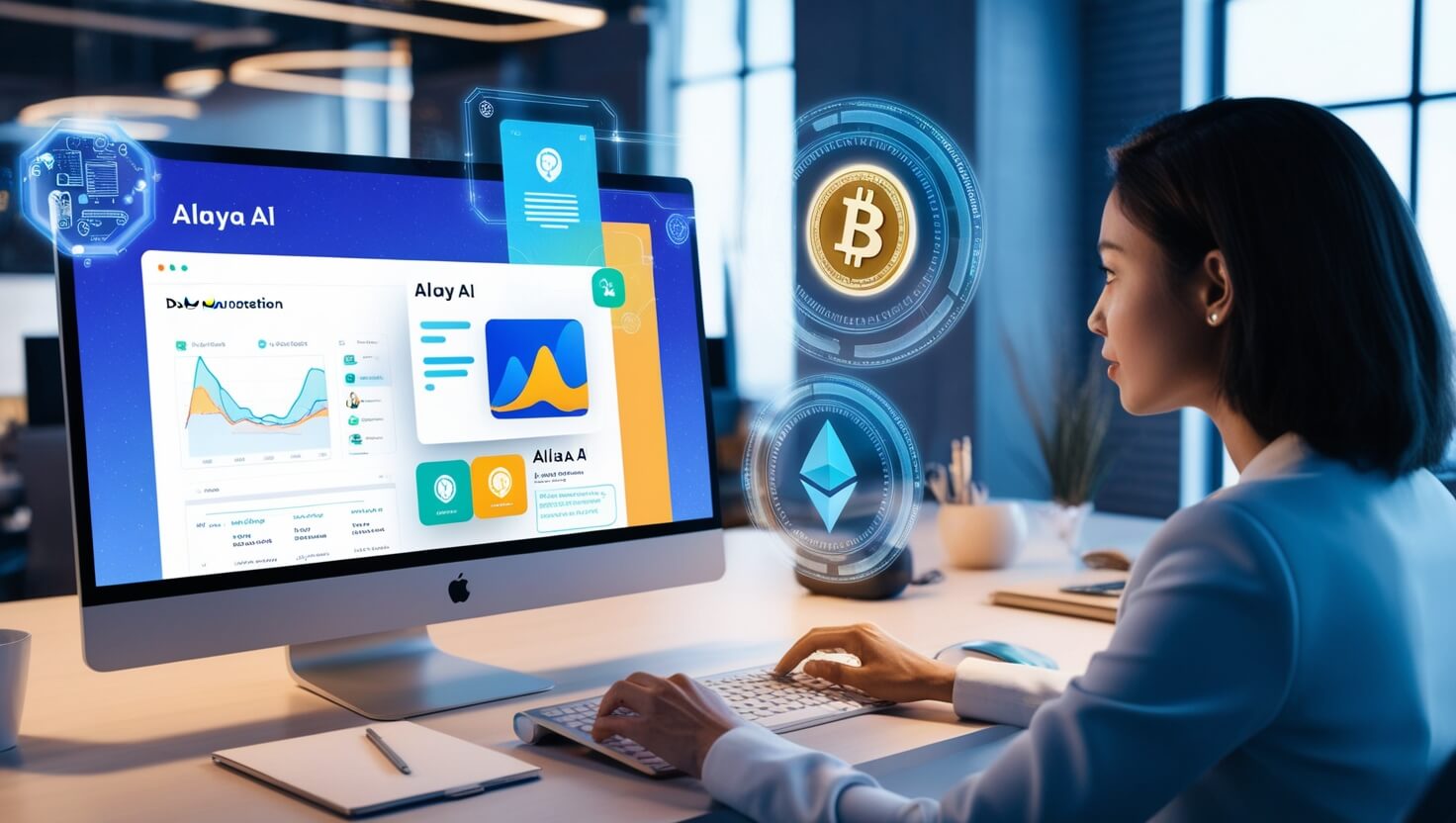 A futuristic digital workspace featuring AI-driven applications, freelancing activities, and NFT creation, with a person using Alaya AI on a computer screen displaying holographic elements of data annotation, AI-powered apps, and cryptocurrency symbols