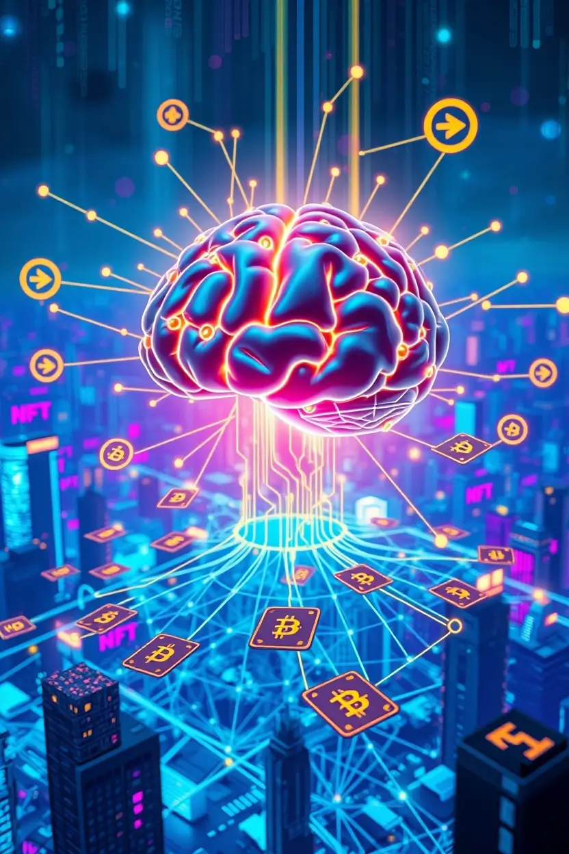 Futuristic AI-powered blockchain network with NFT collectibles and data streams, symbolizing Alaya AI’s innovation in the Web3 space
