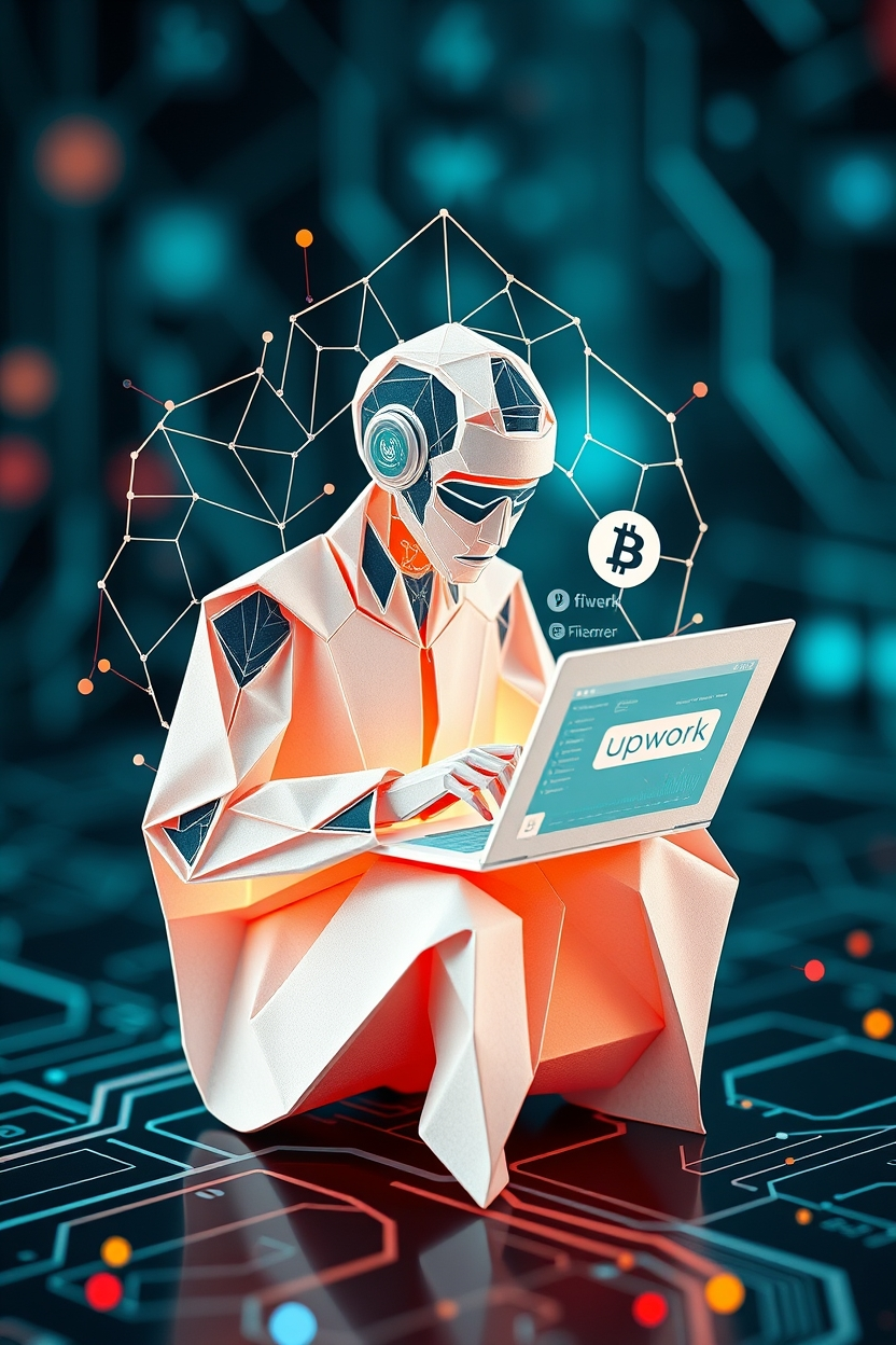Freelancer using Alaya AI for content creation and virtual assistance on a laptop, with AI-powered analytics on the screen