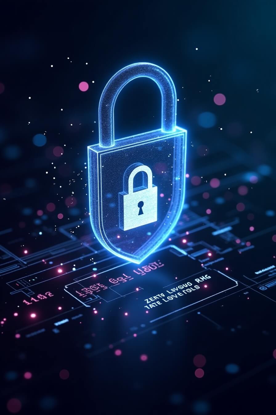Futuristic AI security interface with a glowing padlock, encrypted data streams, and advanced privacy protection