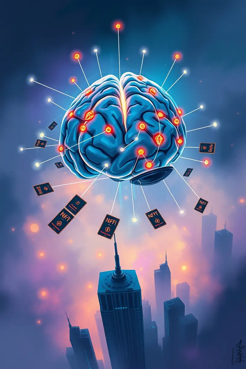 Glowing AI brain connected to blockchain nodes, surrounded by NFT assets in a decentralized digital landscape, representing Alaya AI’s future in Web3 and NFTs