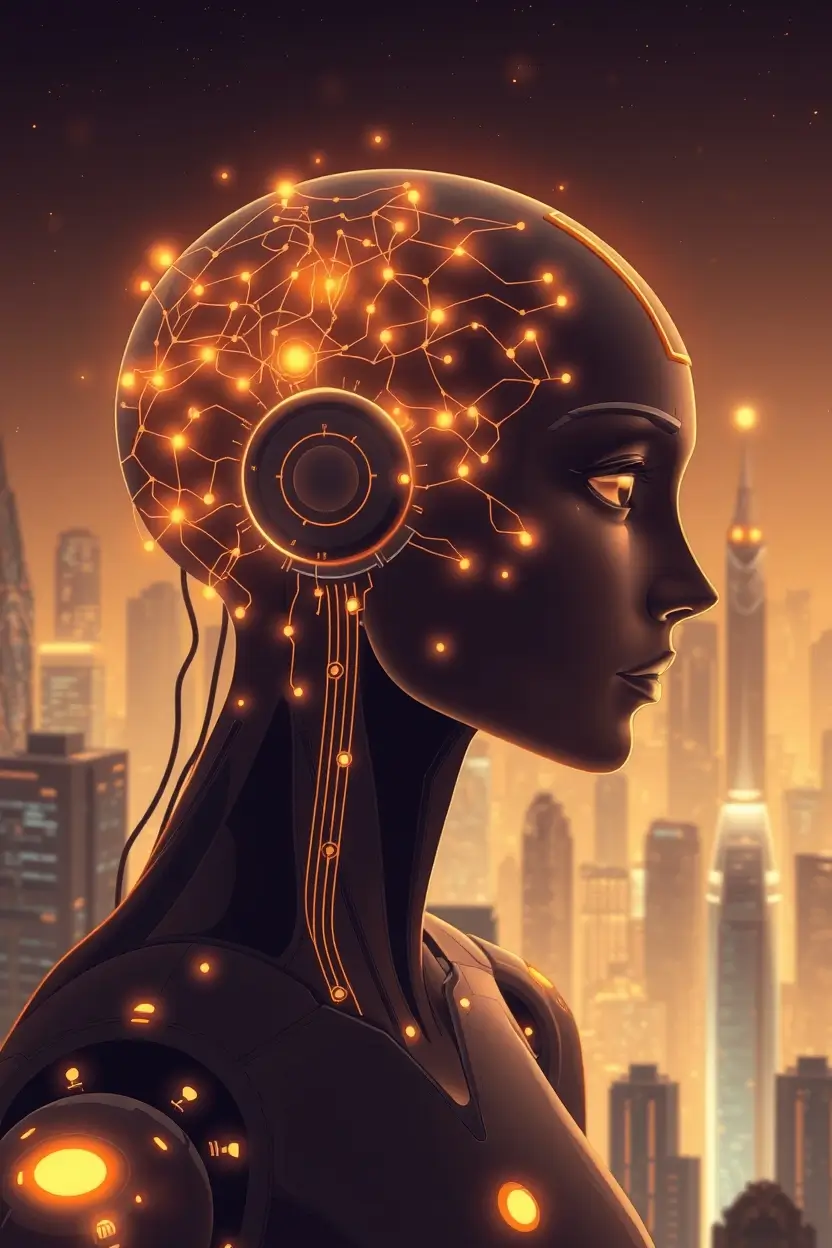 A futuristic digital illustration of Alaya AI, featuring a glowing neural network, AI analytics, and a high-tech cityscape representing AI innovation