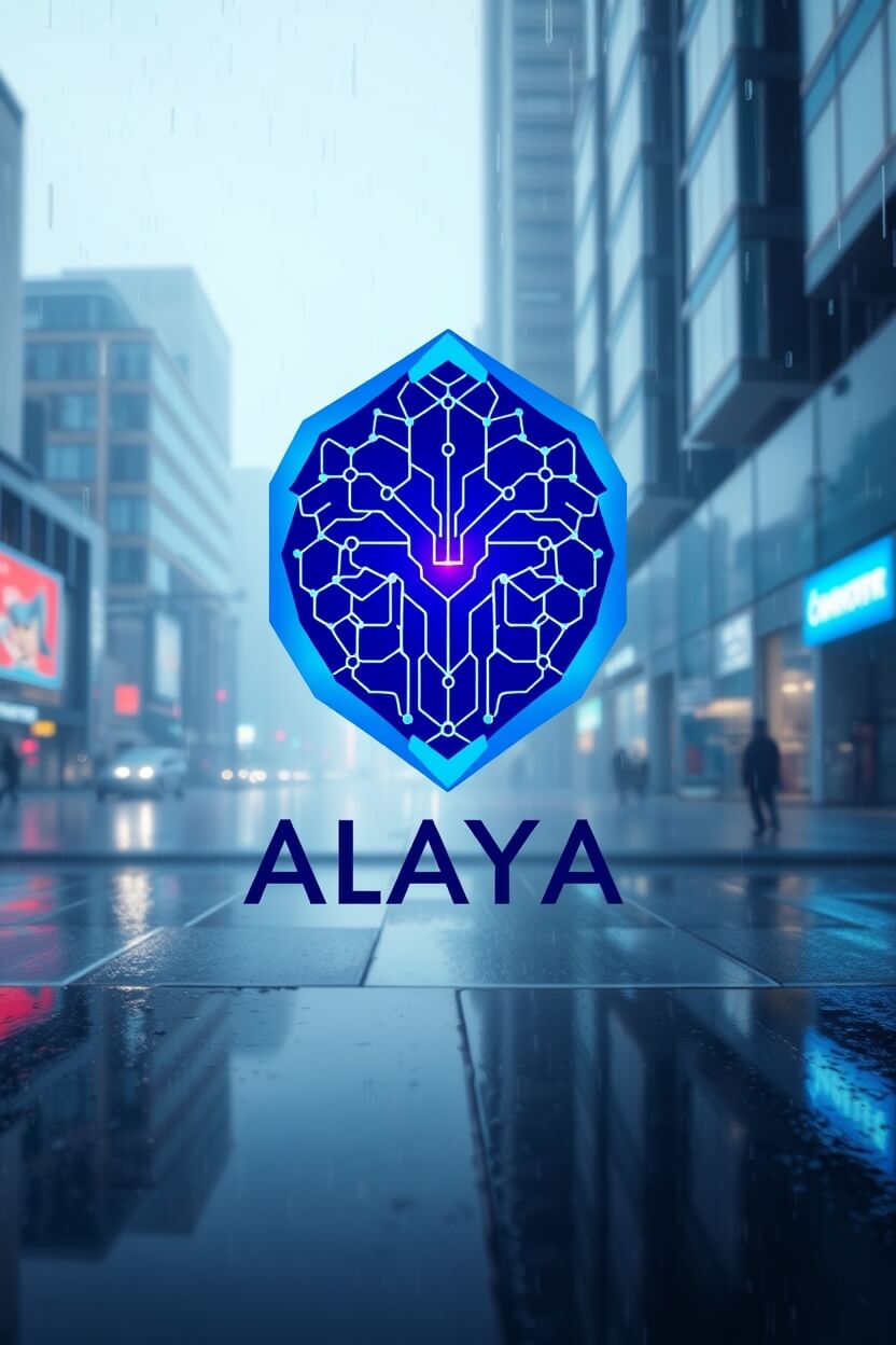 A futuristic AI entity, Alaya AI, depicted as a glowing humanoid figure made of neural circuits and holographic light, surrounded by a digital matrix of floating data streams and a high-tech virtual environment.