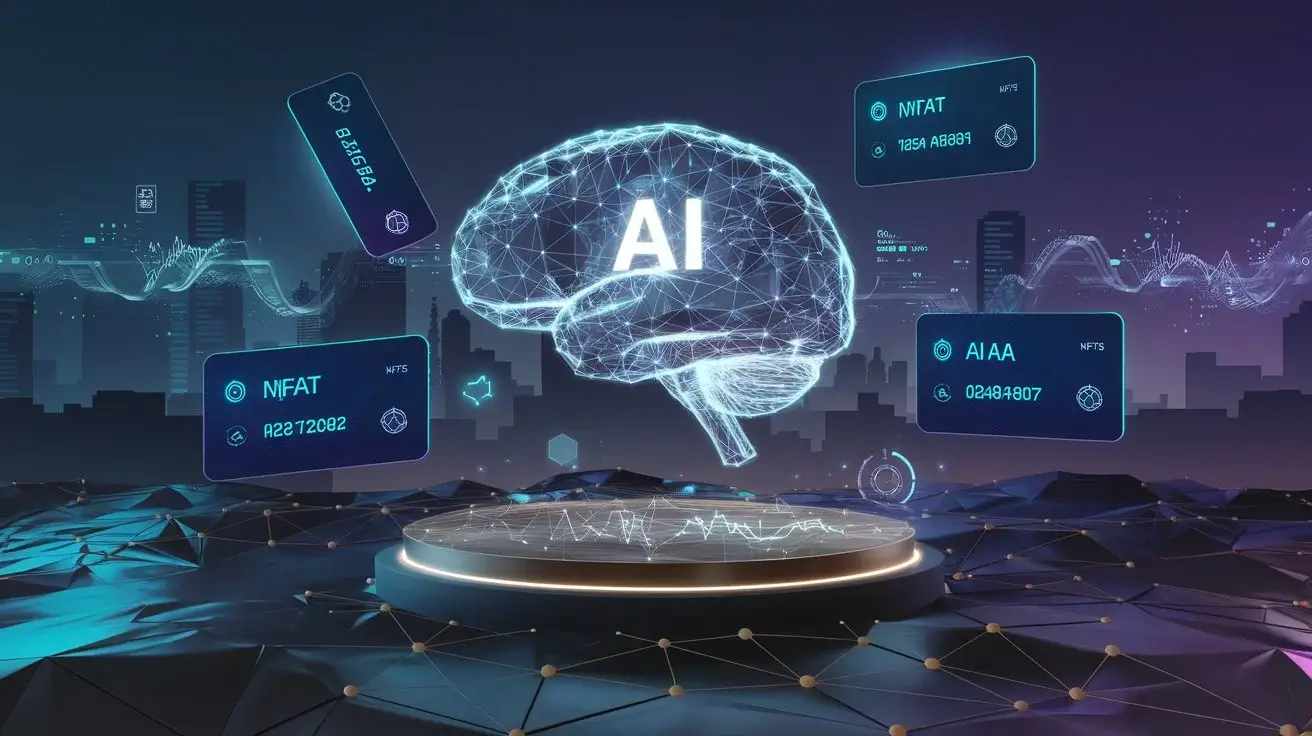 Futuristic digital landscape illustrating the integration of AI, Web3, and NFTs with Alaya AI, featuring a glowing AI brain, blockchain nodes, and NFT assets in a cyberpunk setting