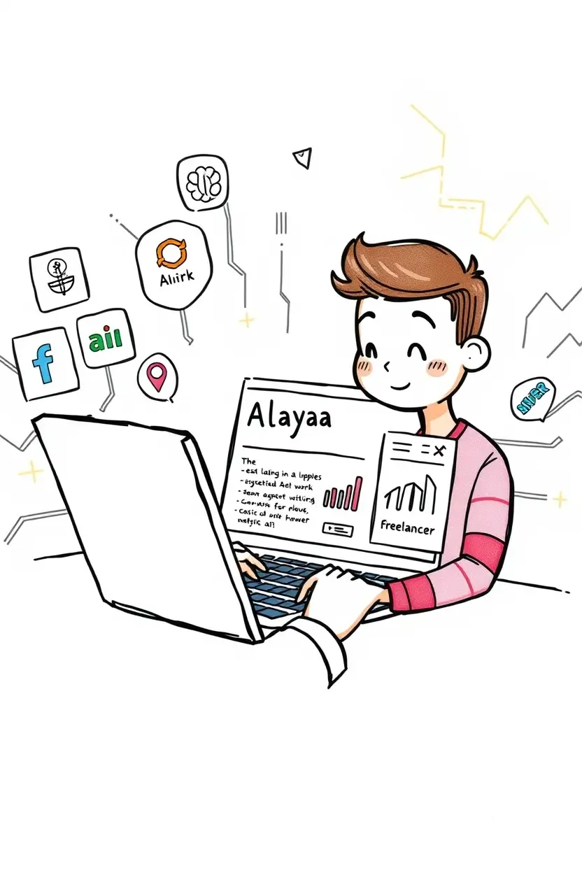 How to Use Alaya AI for Freelancing – AI-Driven Income Opportunities AI-powered freelancer working on a laptop, leveraging Alaya AI for automation and productivity on freelancing platforms
