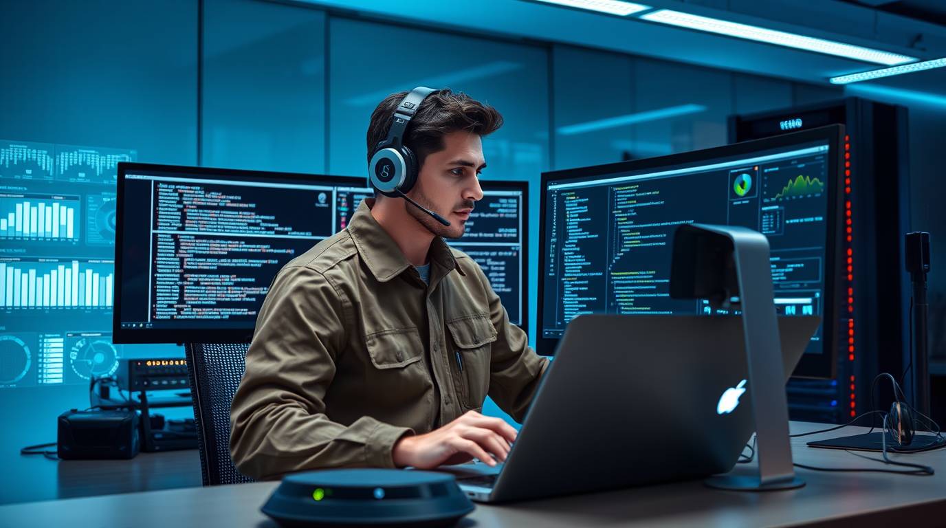 Focused computer technician resolving system issues with real-time data on screens.