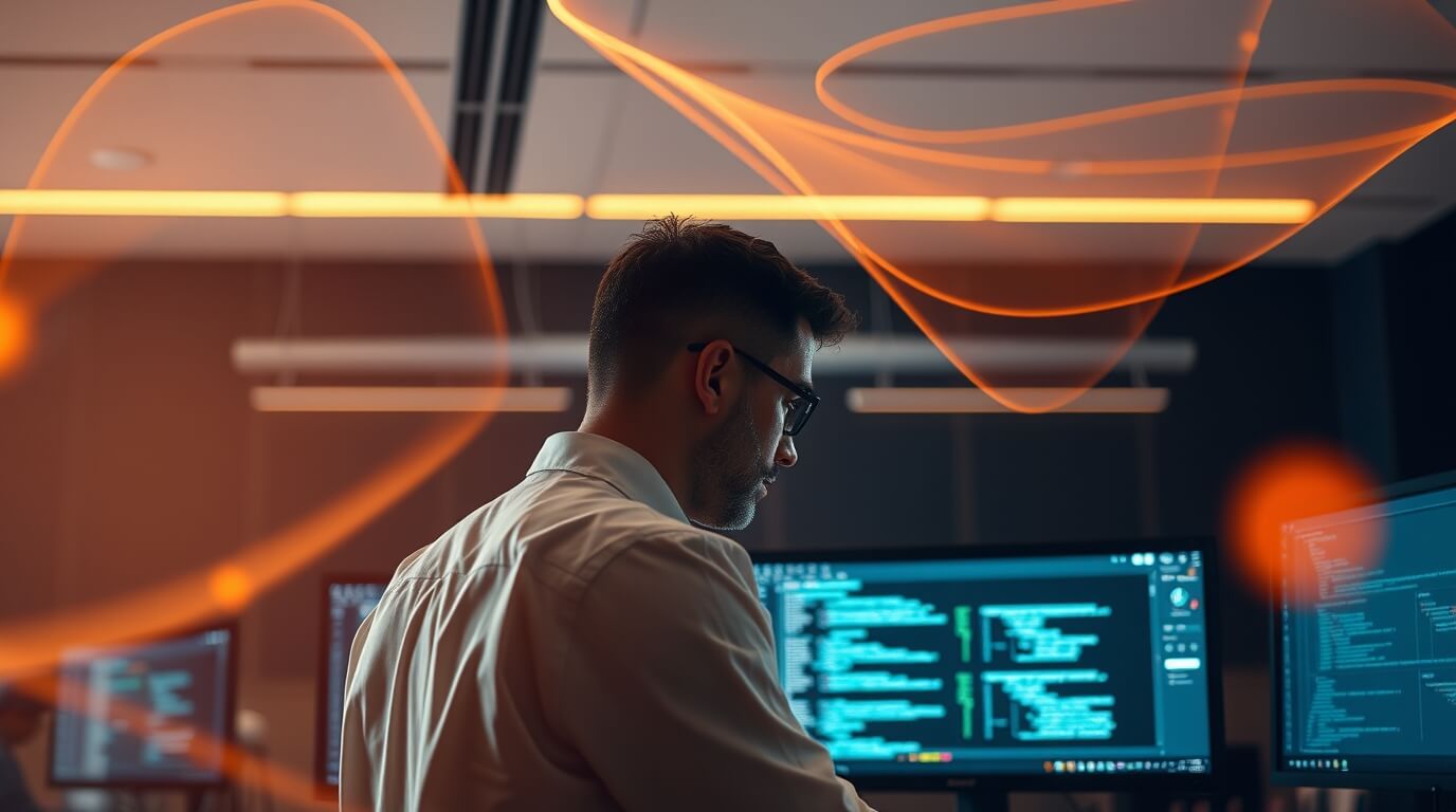 IT specialist using advanced software and hardware tools in a futuristic workspace.
