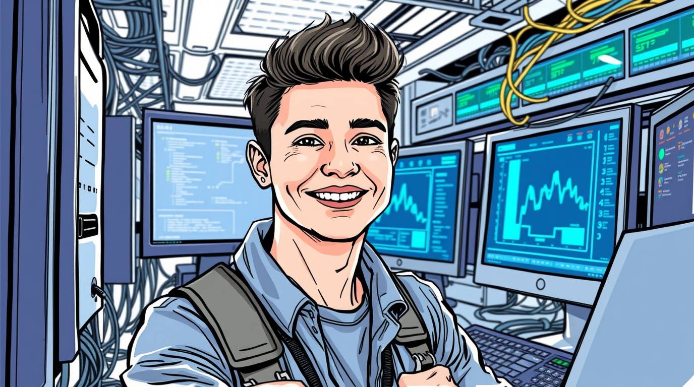 Young professional IT technician handling computer systems in a futuristic tech workplace.