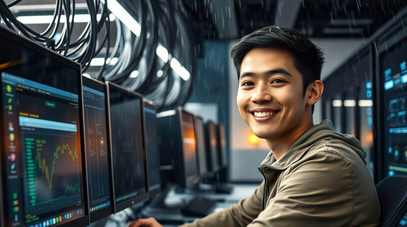 Smiling IT technician in a contemporary office with monitors, network cables, and server equipment.