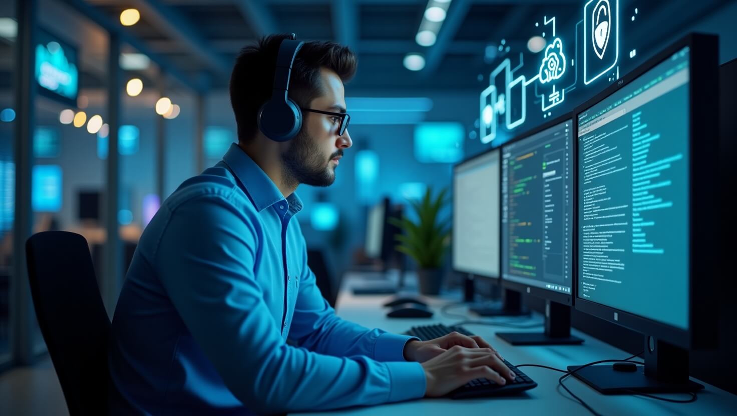 IT technician working on computer systems and networks in a modern office environment with digital tech icons