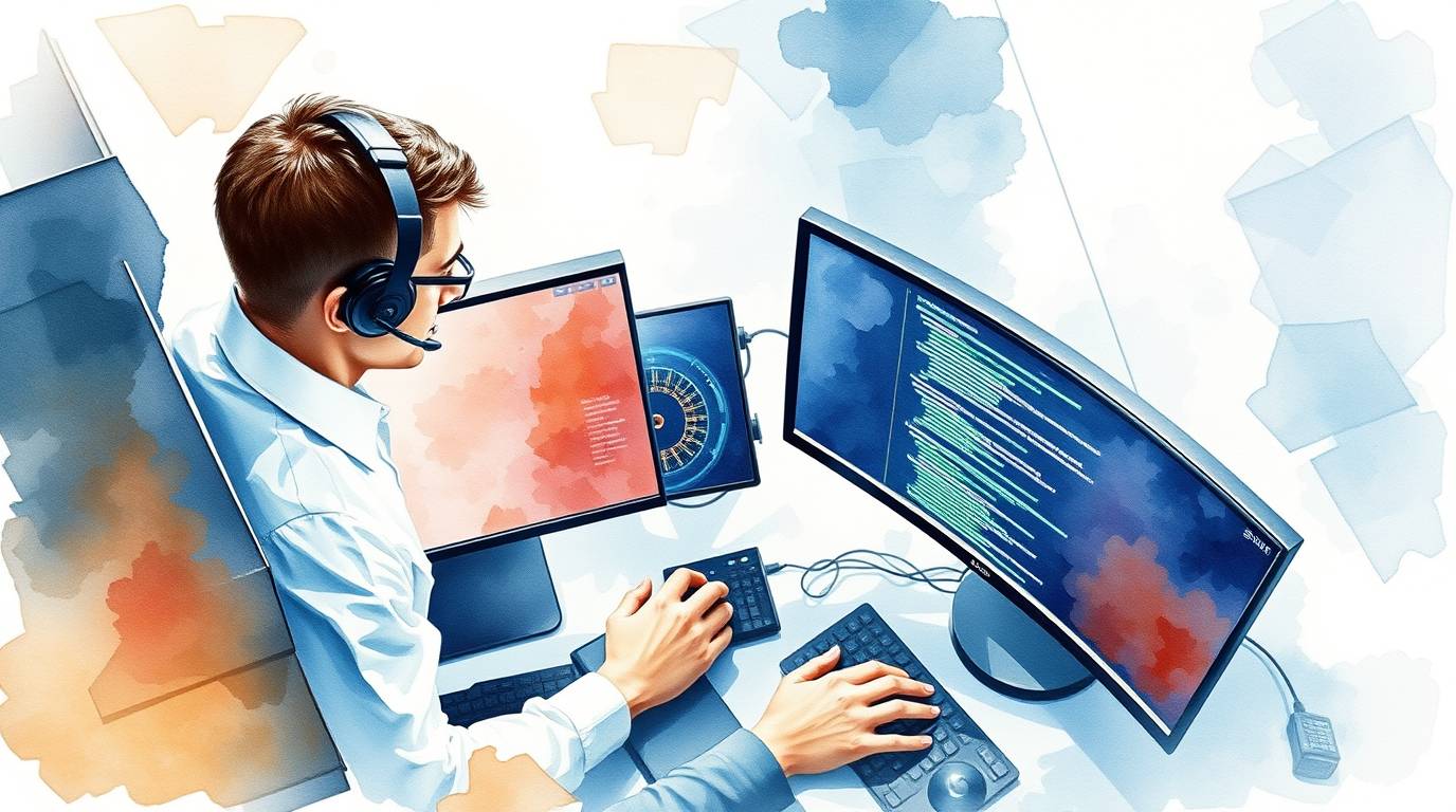 Modern IT technician working with dual monitors and diagnostic tools in a high-tech office.</p>
<p>
